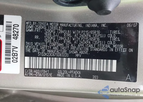 2007 Toyota Sienna Ce z USA, uszkodzony, nr VIN 5TDZK23C67S083220